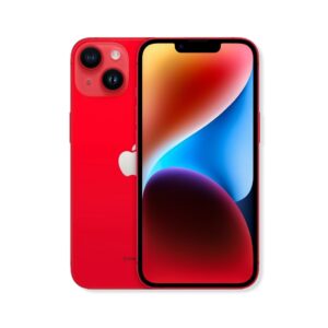 На изображении показаны два iPhone 14 в красном цвете, расположенные на белом фоне. Один телефон стоит сзади, демонстрируя корпус, логотип Apple и двойную камеру. Другой телефон расположен спереди, виден экран, на котором отображаются абстрактные разноцветные волны. В нижней части корпуса заднего телефона есть надпись "(PRODUCT)".