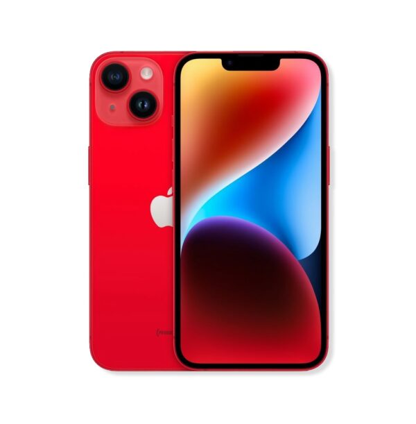 На изображении показаны два iPhone 14 в красном цвете, расположенные на белом фоне. Один телефон стоит сзади, демонстрируя корпус, логотип Apple и двойную камеру. Другой телефон расположен спереди, виден экран, на котором отображаются абстрактные разноцветные волны. В нижней части корпуса заднего телефона есть надпись "(PRODUCT)".