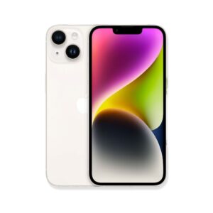 На изображении представлен белый Apple iPhone 14 128GB (Starlight), показывающий свою заднюю панель и экран. Задняя панель имеет два объектива камеры в верхнем левом углу и логотип Apple в центре. Экран демонстрирует красочный фон с градиентом от розового и фиолетового до зеленого и желтого. Устройство находится на белом фоне.
