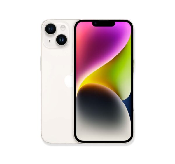 На изображении представлен белый Apple iPhone 14 128GB (Starlight), показывающий свою заднюю панель и экран. Задняя панель имеет два объектива камеры в верхнем левом углу и логотип Apple в центре. Экран демонстрирует красочный фон с градиентом от розового и фиолетового до зеленого и желтого. Устройство находится на белом фоне.