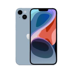 На изображении представлены два айфона Apple iPhone 14 (Blue) светло-голубого цвета, расположенные на белом фоне. Один из телефонов стоит вертикально, демонстрируя экран с абстрактным обоями в виде разноцветных волн, в которых преобладают синий, красный, оранжевый и белый цвета. У этого телефона видна фронтальная камера в верхней части экрана. Второй телефон расположен позади первого и повёрнут задней стороной. На задней панели видны две камеры и вспышка в верхнем левом углу, а также логотип Apple в центре.