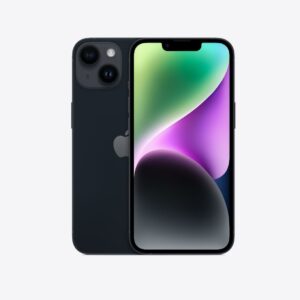 На изображении изображены два смартфона Apple iPhone 14 (Midnight), расположенных рядом друг с другом. На передней панели каждого смартфона — красочный абстрактный дизайн, состоящий из плавных переходов цветов.