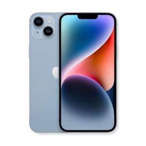 На фотографии изображены два Apple iPhone 14 Plus в голубом цвете, расположенные рядом друг с другом на белом фоне. Один телефон стоит лицевой стороной, демонстрируя экран с абстрактными обоями, состоящими из синих, красных, оранжевых и фиолетовых оттенков. Другой телефон расположен позади и виден с задней стороны. На задней панели видны два объектива камеры, расположенные в верхнем левом углу, а также логотип Apple в центре. Края телефонов слегка закруглены.