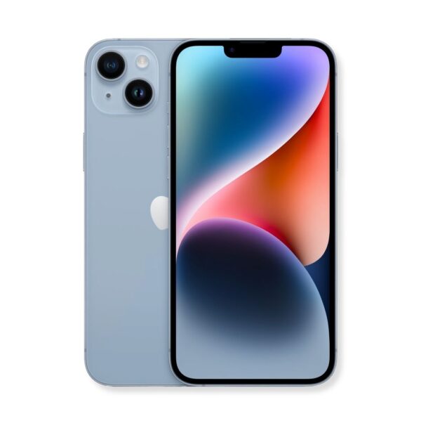 На фотографии изображены два Apple iPhone 14 Plus в голубом цвете, расположенные рядом друг с другом на белом фоне. Один телефон стоит лицевой стороной, демонстрируя экран с абстрактными обоями, состоящими из синих, красных, оранжевых и фиолетовых оттенков. Другой телефон расположен позади и виден с задней стороны. На задней панели видны два объектива камеры, расположенные в верхнем левом углу, а также логотип Apple в центре. Края телефонов слегка закруглены.