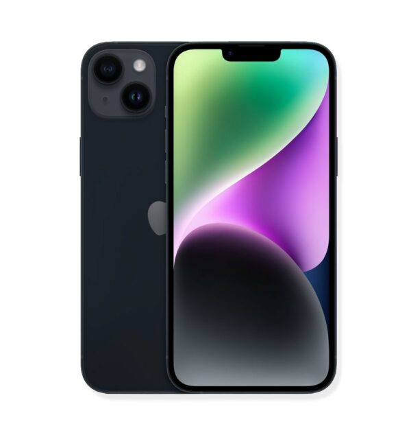 На фотографии изображен Apple iPhone 14 Plus (Midnight), стоящий передней панелью и задней крышкой к зрителю. Задняя крышка телефона темно-синего цвета, на ней виден логотип Apple. В левом верхнем углу задней крышки находится модуль с двумя камерами и вспышкой. На экране телефона отображаются обои, состоящие из градиентных цветов: зеленого, фиолетового и черного. У телефона черная рамка. Фон белый.