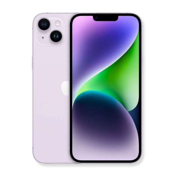 На изображении представлен смартфон Apple iPhone 14 Plus, стоящий прямо, с экраном обращенным к зрителю и частично видна задняя панель. Телефон имеет тонкую черную рамку вокруг экрана. Экран отображает абстрактные градиенты фиолетового, зеленого и синего цветов. Задняя панель телефона имеет светло-фиолетовый оттенок и на ней виден логотип Apple в центре. В левом верхнем углу задней панели находится двойная камера с двумя объективами и вспышкой.