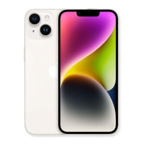 Изображены два телефона Apple iPhone 14 Plus белого цвета, расположенные бок о бок. Передний телефон демонстрирует экран, на котором отображены абстрактные обои с градиентом от фиолетового вверху до желто-зеленого в центре и серого внизу. На верхнем крае экрана виден вырез под фронтальную камеру и динамик. Задний телефон демонстрирует двойную камеру, расположенную в верхнем левом углу, и логотип Apple, расположенный по центру. Оба телефона имеют закругленные углы и плоские боковые грани.