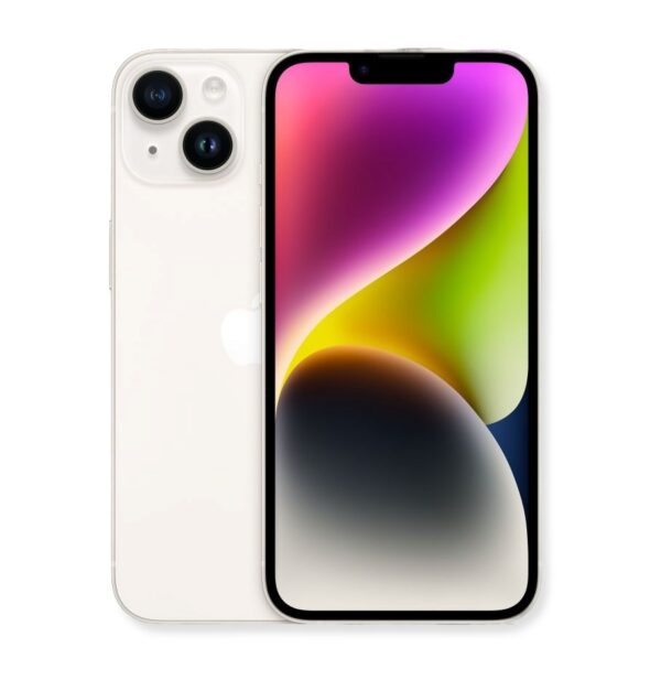 Изображены два телефона Apple iPhone 14 Plus белого цвета, расположенные бок о бок. Передний телефон демонстрирует экран, на котором отображены абстрактные обои с градиентом от фиолетового вверху до желто-зеленого в центре и серого внизу. На верхнем крае экрана виден вырез под фронтальную камеру и динамик. Задний телефон демонстрирует двойную камеру, расположенную в верхнем левом углу, и логотип Apple, расположенный по центру. Оба телефона имеют закругленные углы и плоские боковые грани.