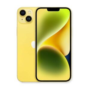 На изображении показан жёлтый Apple iPhone 14 Plus. Задняя панель телефона содержит два объектива камеры и вспышку, расположенные в квадратном блоке в верхнем левом углу. Чуть ниже центра задней панели находится логотип Apple. Экран телефона отображает абстрактное изображение с градиентами от жёлтого до зелёного. Верхняя часть экрана имеет вырез для динамика и фронтальной камеры. Телефон находится на белом фоне.
