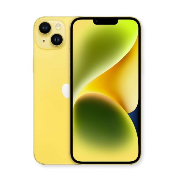 На изображении показан жёлтый Apple iPhone 14 Plus. Задняя панель телефона содержит два объектива камеры и вспышку, расположенные в квадратном блоке в верхнем левом углу. Чуть ниже центра задней панели находится логотип Apple. Экран телефона отображает абстрактное изображение с градиентами от жёлтого до зелёного. Верхняя часть экрана имеет вырез для динамика и фронтальной камеры. Телефон находится на белом фоне.
