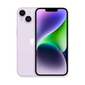 На белом фоне изображены два телефона iPhone 14 (Purple), стоящие бок о бок. Телефон слева, который показывает заднюю часть, имеет светло-фиолетовый цвет корпуса. На задней панели в левом верхнем углу расположены две камеры и вспышка. Логотип Apple размещен по центру задней панели. Телефон справа, который показывает переднюю часть, имеет экран с динамическими обоями, состоящими из градиентов фиолетового, зеленого и голубого цветов, формирующих изогнутый рисунок. Лицевая панель телефона черная.