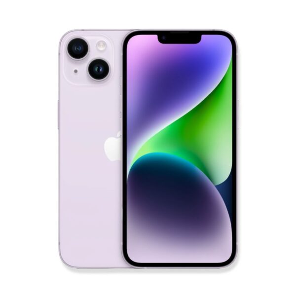 На белом фоне изображены два телефона iPhone 14 (Purple), стоящие бок о бок. Телефон слева, который показывает заднюю часть, имеет светло-фиолетовый цвет корпуса. На задней панели в левом верхнем углу расположены две камеры и вспышка. Логотип Apple размещен по центру задней панели. Телефон справа, который показывает переднюю часть, имеет экран с динамическими обоями, состоящими из градиентов фиолетового, зеленого и голубого цветов, формирующих изогнутый рисунок. Лицевая панель телефона черная.