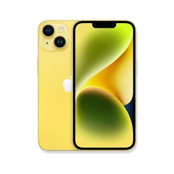 На изображении представлены два желтых смартфона Apple iPhone 14 (Yellow), расположенных рядом друг с другом. Один телефон обращен задней панелью к зрителю, демонстрируя двойную камеру в верхнем левом углу и логотип Apple в центре. Другой телефон обращен экраном к зрителю, на котором отображается абстрактный градиентный фон, сочетающий в себе оттенки зеленого, желтого и синего. На передней панели телефона в верхней части экрана виден вырез под динамик и фронтальную камеру.