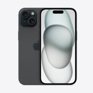 На изображении показаны два айфона Apple iPhone 15 (Black), расположенные рядом друг с другом на белом фоне. Один из смартфонов повернут задней панелью, на которой видны три камеры в верхнем левом углу и логотип Apple в центре. Смартфон темно-серого цвета. Другой смартфон расположен экраном вперед, на котором отображено изображение трех овальных форм, наложенных друг на друга. Цвета этих форм варьируются от белого внизу до зеленовато-голубого вверху. В верхней части экрана расположена выемка в виде черной полосы. Корпус этого смартфона также темно-серого цвета.