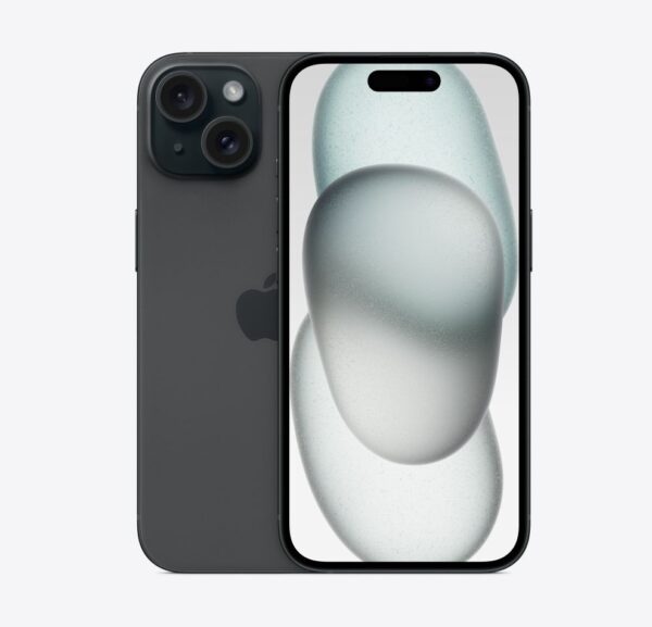 На изображении показаны два айфона Apple iPhone 15 (Black), расположенные рядом друг с другом на белом фоне. Один из смартфонов повернут задней панелью, на которой видны три камеры в верхнем левом углу и логотип Apple в центре. Смартфон темно-серого цвета. Другой смартфон расположен экраном вперед, на котором отображено изображение трех овальных форм, наложенных друг на друга. Цвета этих форм варьируются от белого внизу до зеленовато-голубого вверху. В верхней части экрана расположена выемка в виде черной полосы. Корпус этого смартфона также темно-серого цвета.