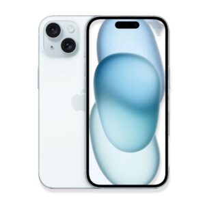 На изображении представлены два Apple iPhone 15 (Blue), стоящие рядом друг с другом. Один телефон расположен задней панелью к зрителю, а другой - экраном.