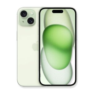 На изображении показаны два Apple iPhone 15 (Green), стоящие рядом друг с другом. Задняя панель одного из них имеет светло-зеленый оттенок, на ней расположены два объектива камеры в левом верхнем углу и логотип Apple в центре. Экран другого iPhone демонстрирует абстрактный обои в оттенках зеленого. В верхней части экрана находится вырез под фронтальную камеру и датчики. Оба телефона имеют закругленные углы и тонкий металлический ободок.