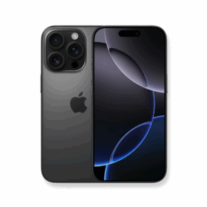 На изображении показан гладкий черный макет Apple iphone 15 pro 512gb (black titanium) спереди и сзади, демонстрирующий домашний экран в темной тематике с синими вставками.