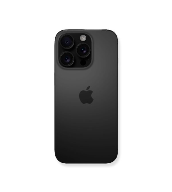 На снимке изображен гладкий черный Apple iPhone 15 Pro Max 1Tb (Black Titanium). Современный айфон Apple iPhone 15 Pro Max, матовая чёрная задняя панель, вид сбоку, центральная композиция, четыре объектива камеры, расположенные в круге, логотип Apple (детализированный логотип:1.2), глянцевая текстура, photorealistic стиль, высокое качество, 8k разрешение, чистый фон, (детализированные объективы камеры:1.2), (чёткость деталей:1.3), современный дизайн, профессиональная фотография.