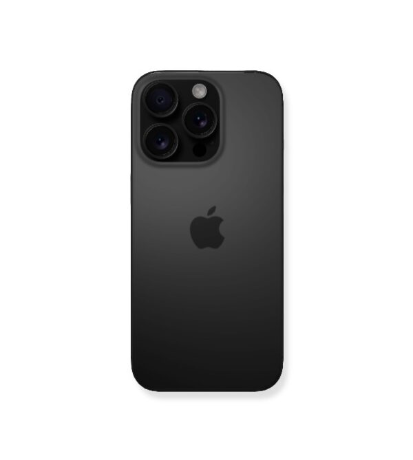 На снимке изображен черный Apple iPhone 15 Pro Max 256Gb (Black Titanium), демонстрирующий изящный дизайн и систему камер с тремя объективами. На снимке изображен единственный объект - черный iPhone 15 Pro Max, расположенный под небольшим углом на абсолютно белом фоне. Телефон находится в центре внимания и занимает большую часть кадра. На задней панели хорошо видна характерная трехобъективная камера, расположенная в квадратном модуле в верхнем левом углу. Линзы темные и круглые, что подчеркивает их способность делать высококачественные снимки. Между линзами расположена небольшая, едва заметная вспышка. Логотип Apple в виде простого силуэта яблока расположен по центру под модулем камеры. Края телефона четкие и ровные, что подчеркивает эстетику современного минималистичного дизайна. Общая цветовая гамма монохромная, матово-черная отделка телефона резко контрастирует с ярким белым фоном. Кажется, что телефон отбрасывает очень слабую тень, что наводит на мысль о едва заметном источнике света сверху. Здесь царит атмосфера чистоты, стерильности и минимализма с акцентом на технологии. Нейтральная атмосфера подчеркивает дизайн и особенности продукта.