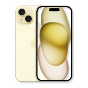 На снимке изображен смартфон Apple iPhone 15 (Yellow), вид сзади и спереди. Задняя панель телефона светло-желтого цвета с логотипом Apple в центре. В верхнем левом углу расположены две камеры и вспышка. У передней панели дисплей, на котором изображены три объекта овальной формы, расположенные один над другим. Верхний овал бежевого цвета, средний – желтого, а нижний – светло-розового. В верхней части дисплея виден черный прямоугольник. Корпус телефона имеет золотистый оттенок.