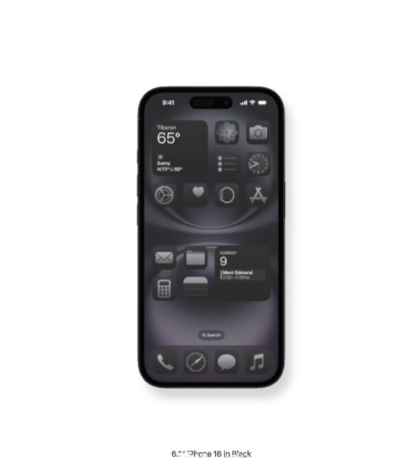 На изображении показан гладкий черный 6,1-дюймовый макет Apple iPhone 16 256Gb (Black) с интерфейсом в темной тематике.