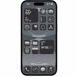 На изображении показан экран Apple iPhone 16 (White) с пользовательским интерфейсом. На экране видны различные приложения и виджеты, организованные в сетку. Изображение не выражает никаких конкретных эмоций. Это простое представление экрана iPhone.