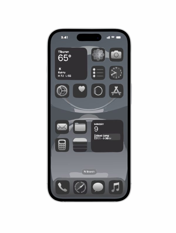 На изображении показан экран Apple iPhone 16 (White) с пользовательским интерфейсом. На экране видны различные приложения и виджеты, организованные в сетку. Изображение не выражает никаких конкретных эмоций. Это простое представление экрана iPhone.