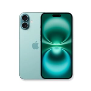 На снимке показан светло-зеленый Apple iPhone 16 Plus (Teal), показанный сзади и спереди.