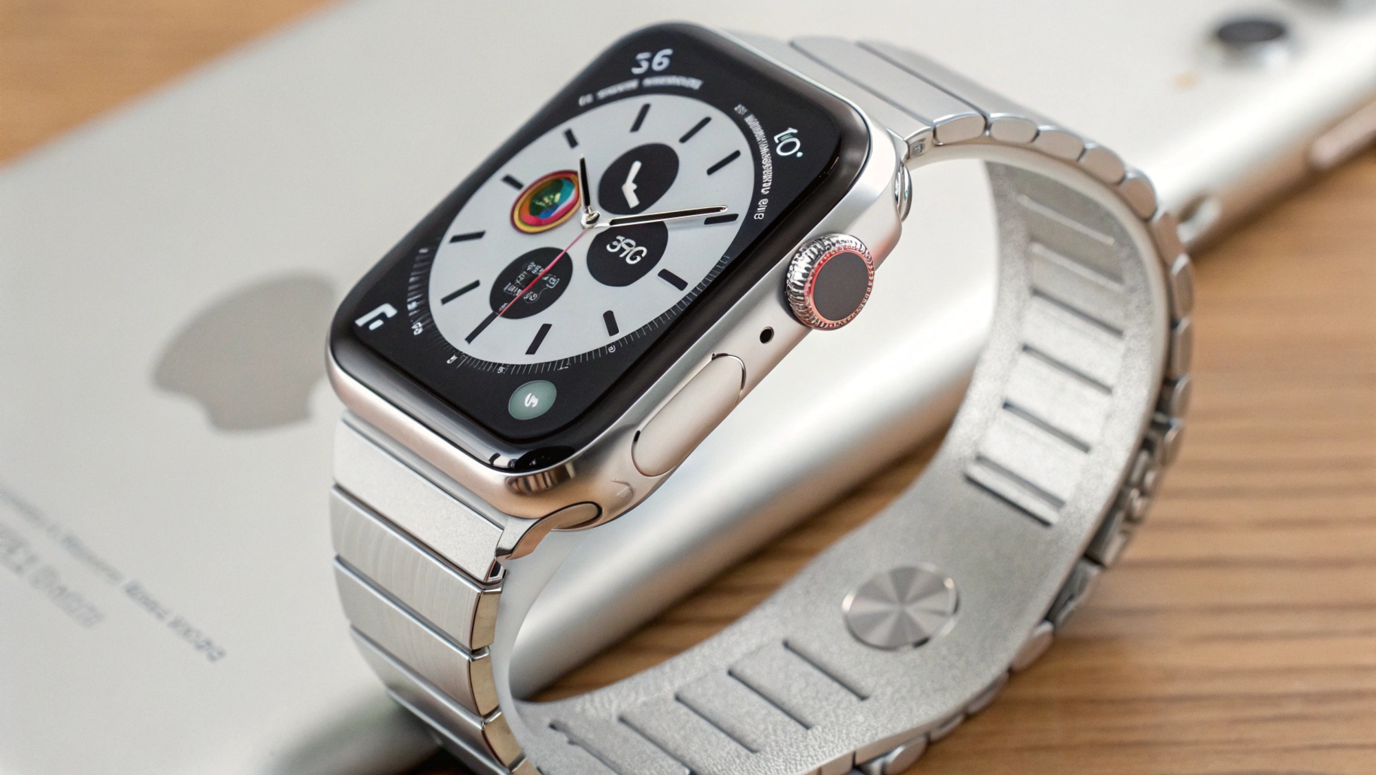 На снимке изображены Apple Watch с серебристым корпусом и металлическим браслетом. Часы лежат на белом смартфоне, расположенном на деревянной поверхности. На циферблате часов отображается время, а также различные виджеты, такие как погода и активность. Видна кнопка Digital Crown с красным кольцом.