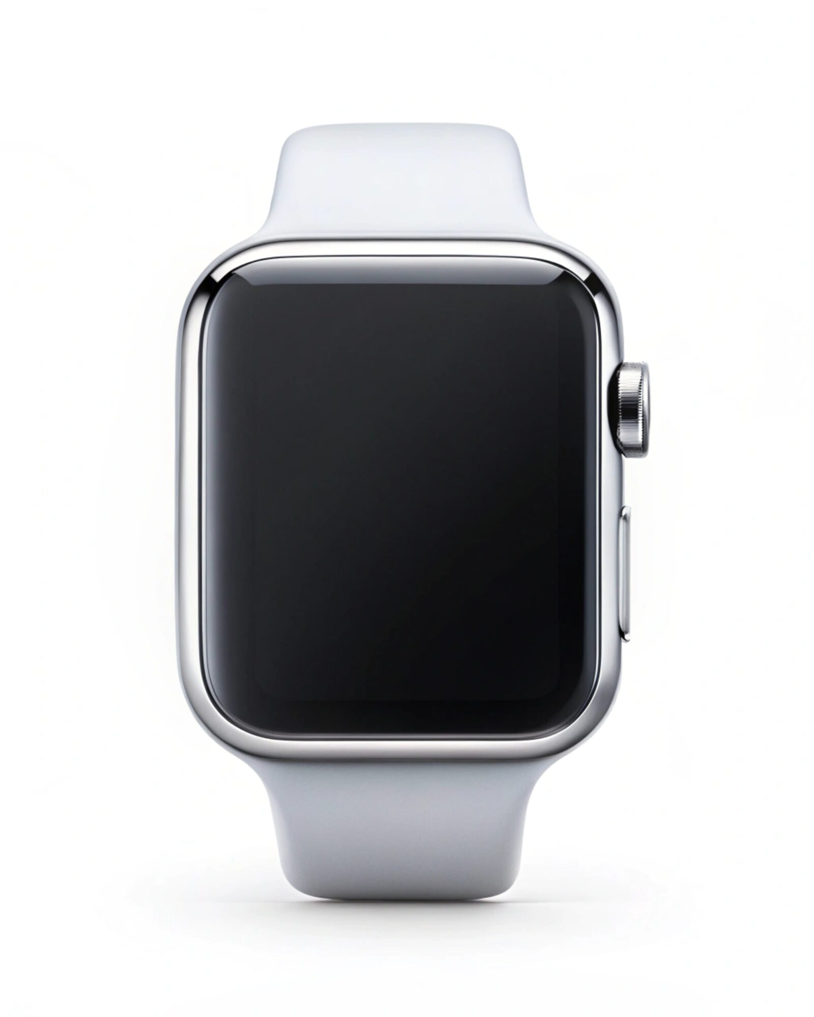 На снимке изображены смарт-часы Apple Watch с серебристым корпусом и белым ремешком. Экран часов черный, на боковой стороне корпуса находится цифровая коронка и кнопка. Фон белый. Часы расположены прямо в центре кадра, в вертикальном положении.
Скопи